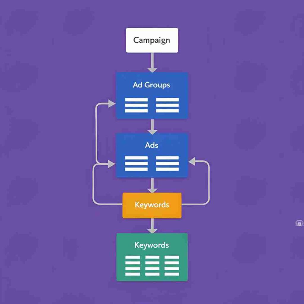 Un diagrama que ilustre la jerarquía de Campaña - Grupos de Anuncios - Anuncios - Palabras Clave.]